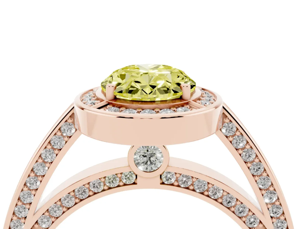 Fancy Yellow Oval Cut Cut Halo Pave Split Shank Prong Setting Ring Rose gold