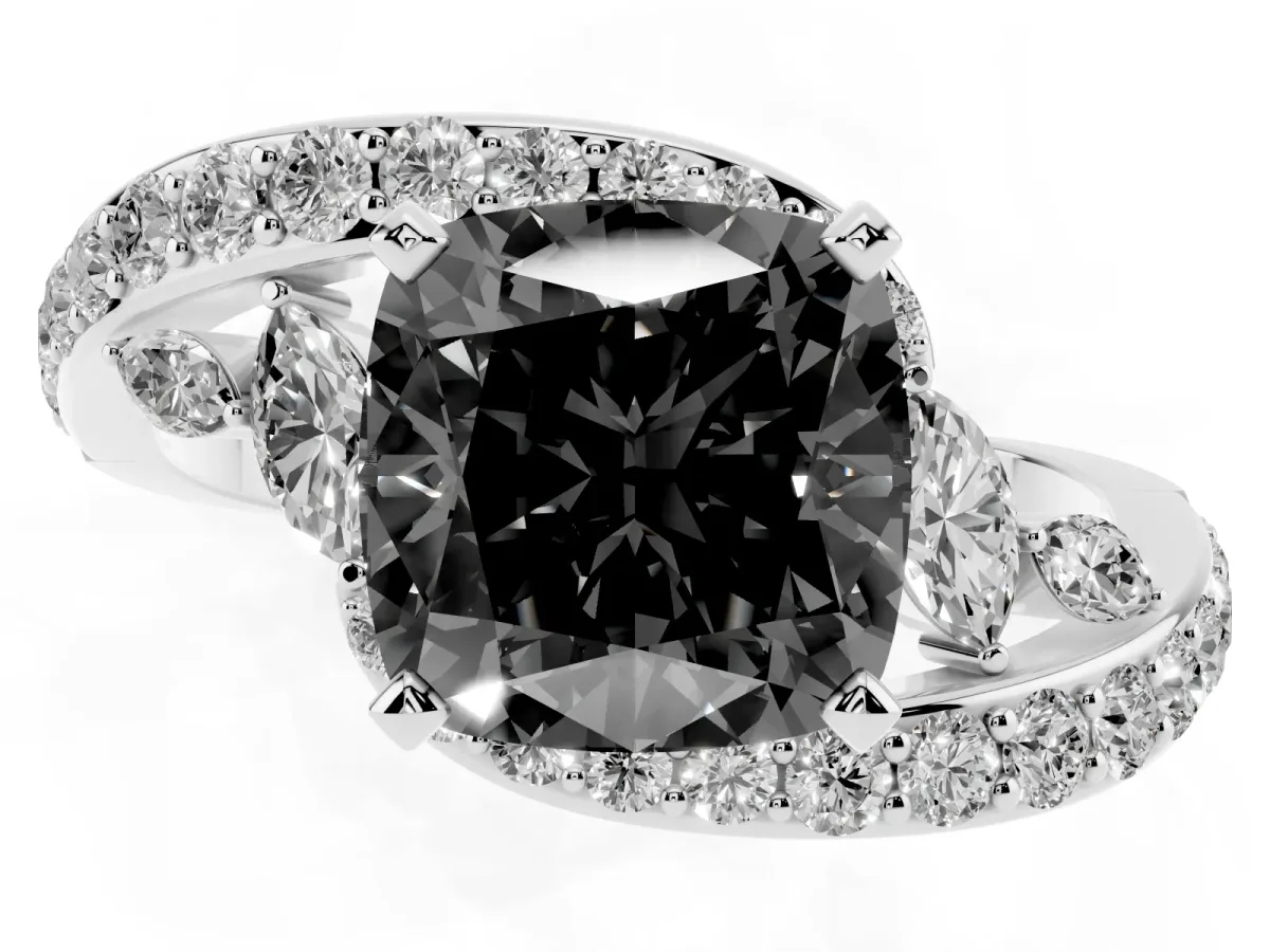 Fancy Black Cushion Cut Diamond Solitaire Ring with Filigree Band and Four-Prong Setting Silver