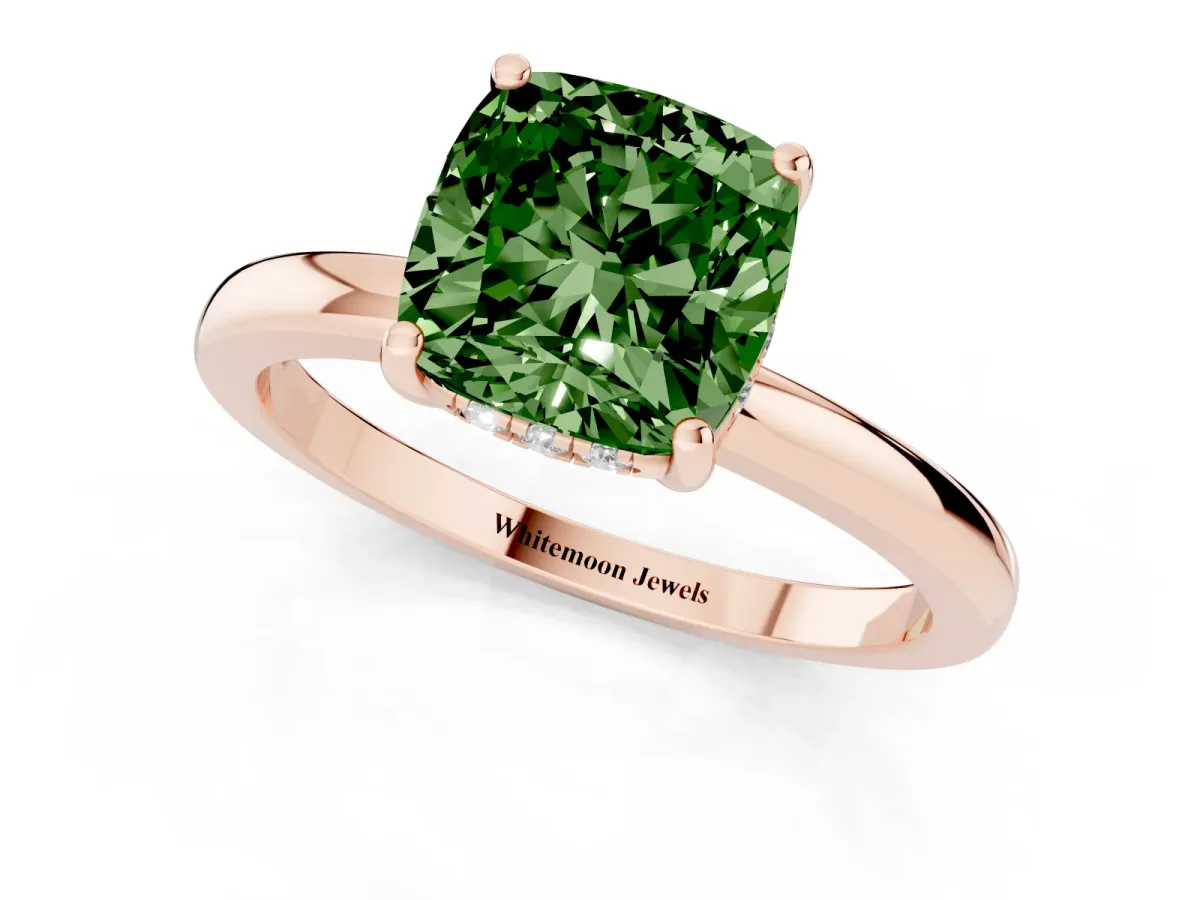 Fancy Green Cushion Cut Solitaire Diamond Ring with Prong Setting and Plain Band Rose gold