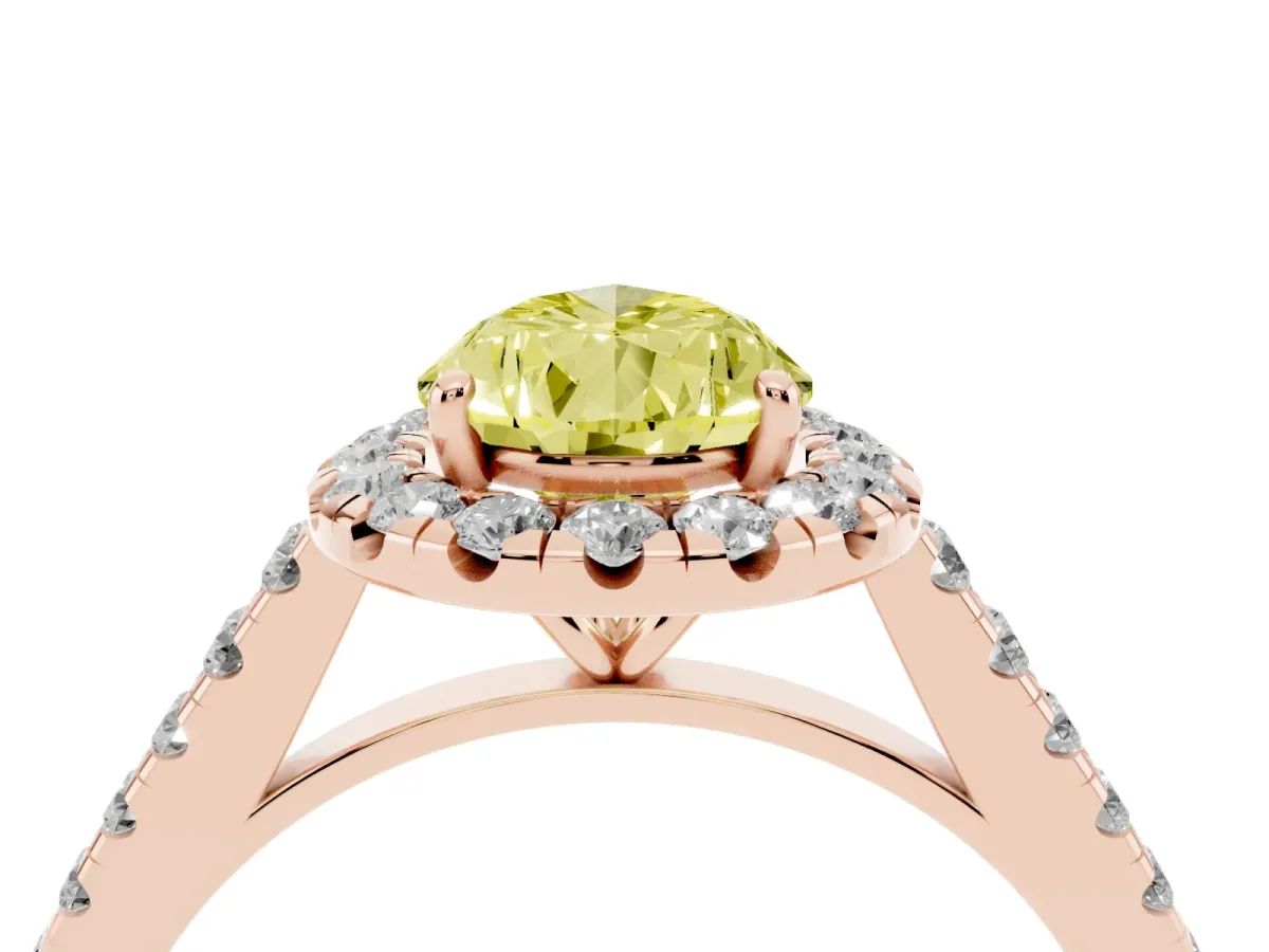 Fancy Yellow Pear Cut Halo Pave Diamond Engagement Ring with Four-Prong Setting Rose gold