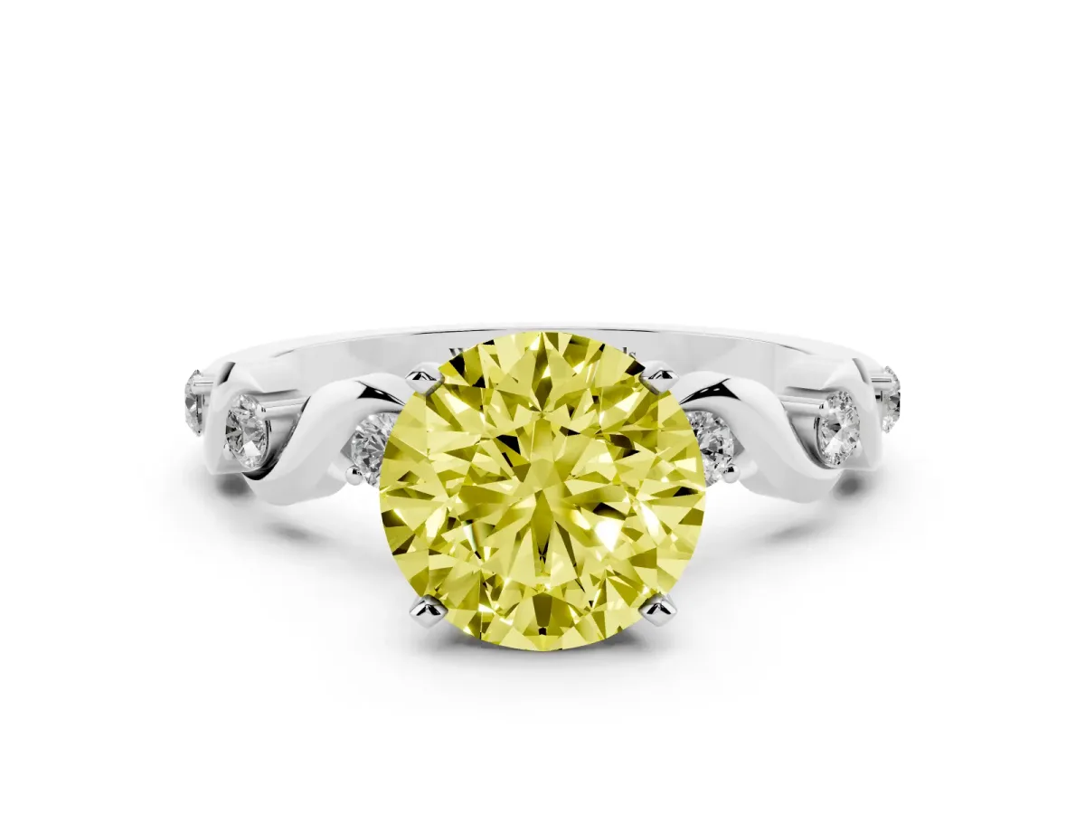 Fancy Yellow Round Cut Diamond Solitaire Twisted Band with Round Accents and Prong Setting Silver