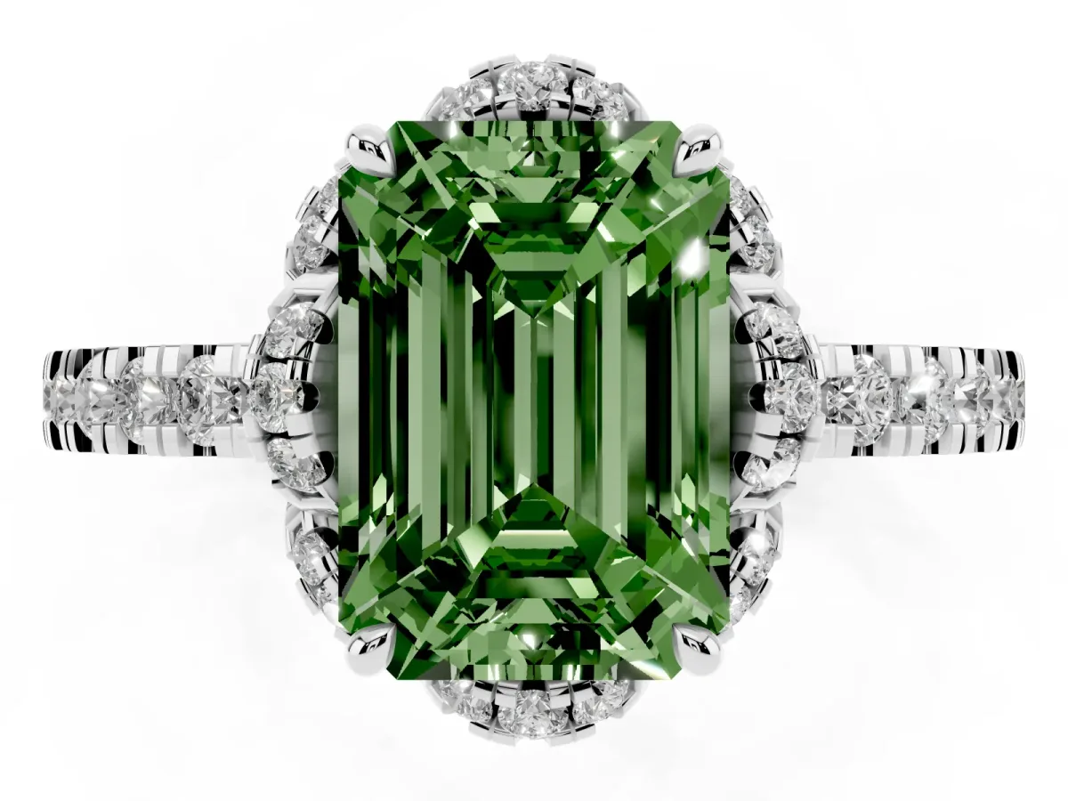 Fancy Green Emerald Cut Halo Diamond Pave Band Ring with Four-Prong Setting Silver
