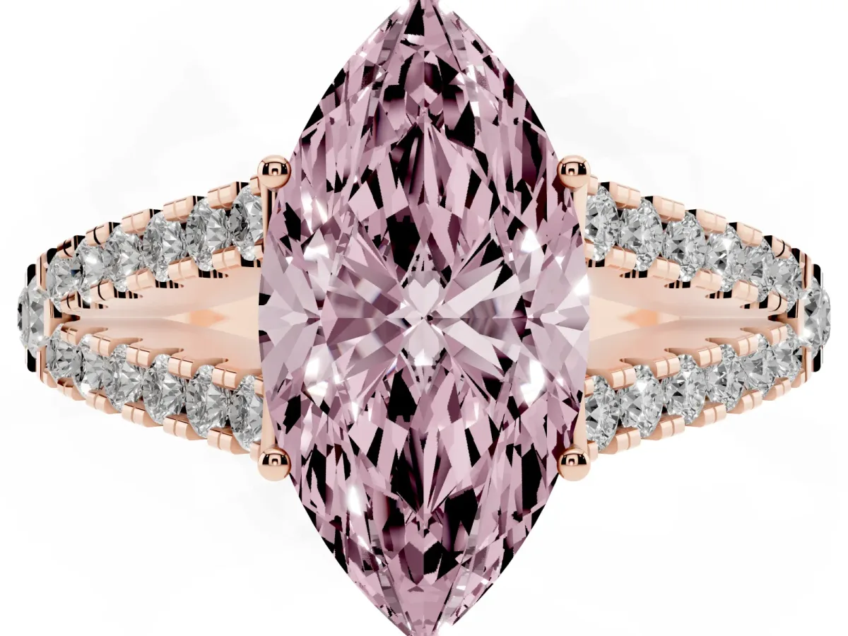 Fancy Pink Marquise Cut Diamond Split Shank Pavé Engagement Ring with Four-Prong Setting Rose gold