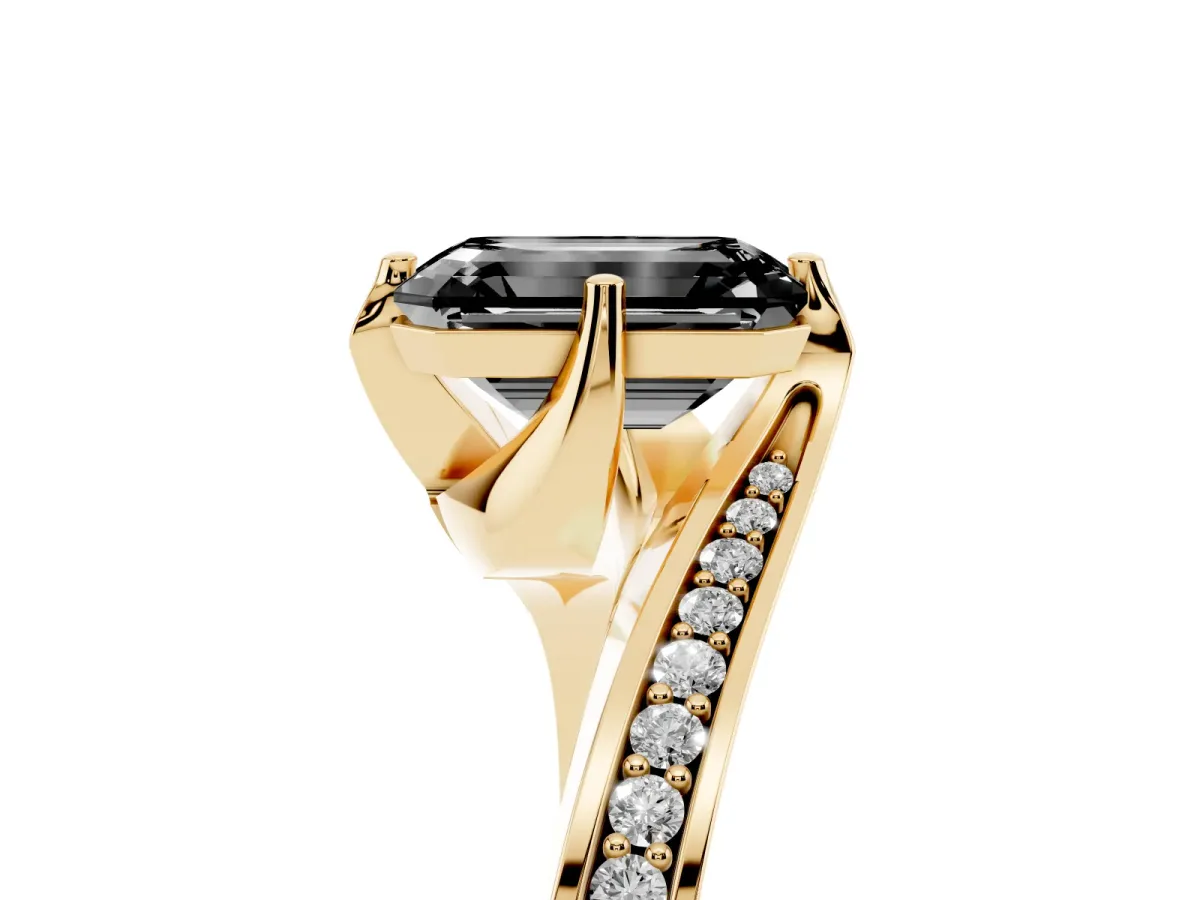 Fancy Black Emerald Cut Solitaire Diamond Twist Band with Pavé Setting and Four-Prong Setting Yellow gold