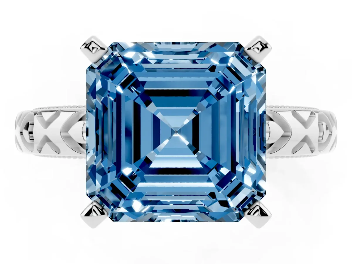 Fancy Blue Asscher Cut Solitaire Diamond Engagement Ring with XO Engraved Band and Four-Prong Setting Silver