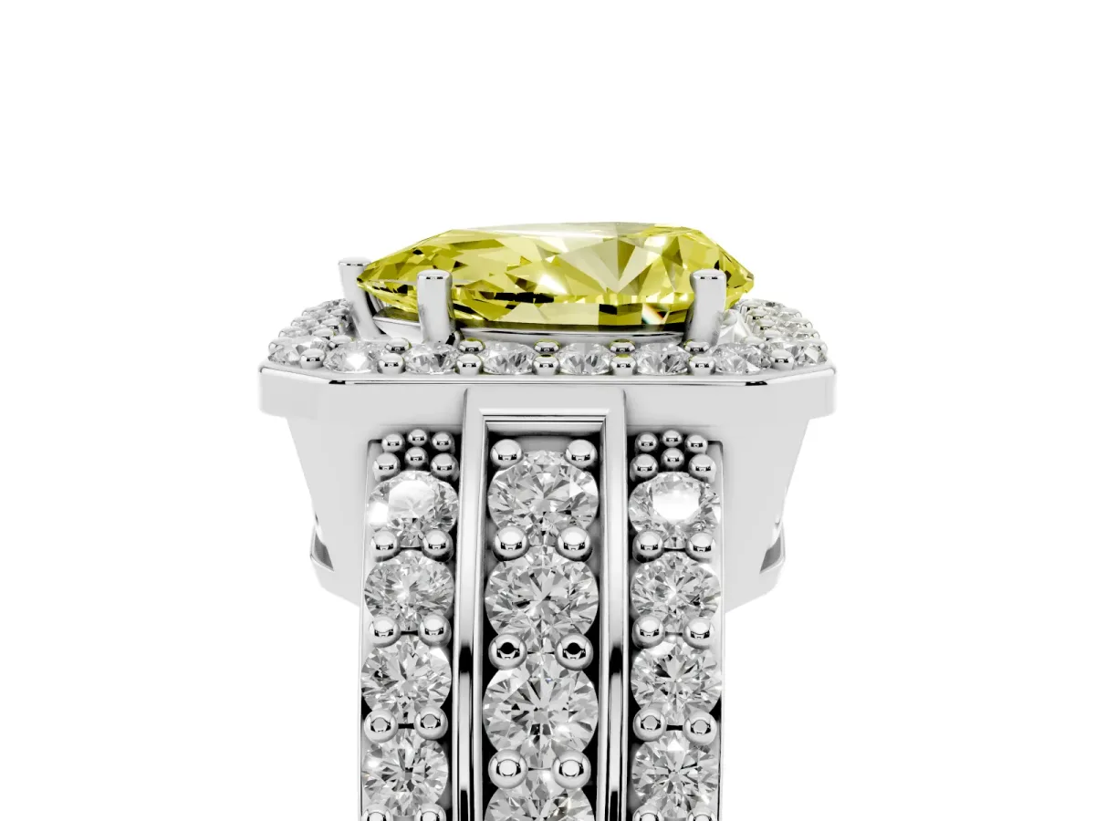 Fancy Yellow Pear Cut Halo Diamond Ring with Round Split Shank and Prong Setting Silver