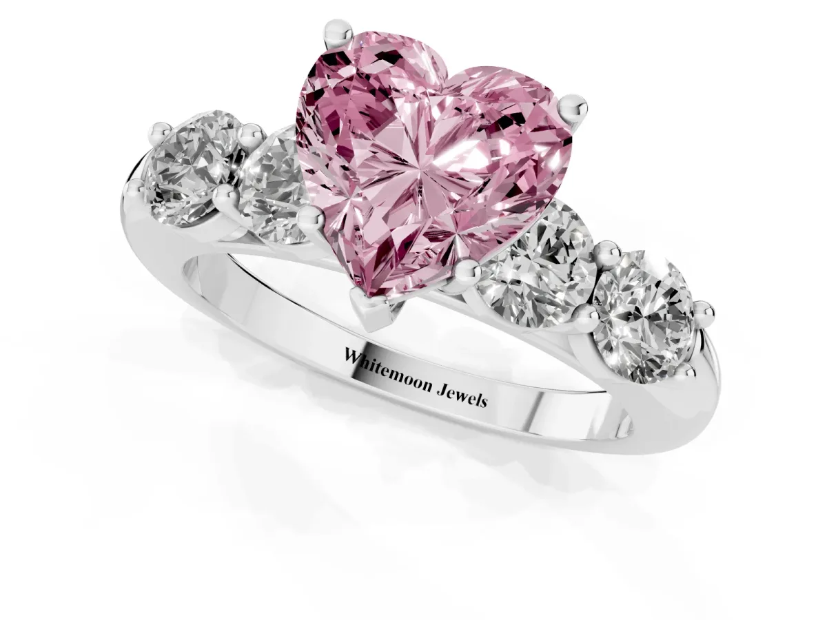 Fancy Pink Heart Cut Cut Five-Stone Prong Set Diamond Ring with Classic Band White gold