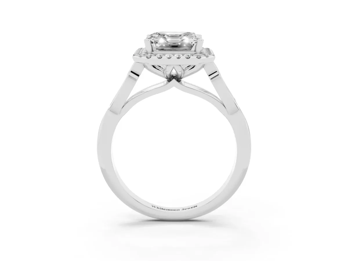 Asscher Cut Halo Diamond Engagement Ring with Filigree Band and Four-Prong Setting Platinum