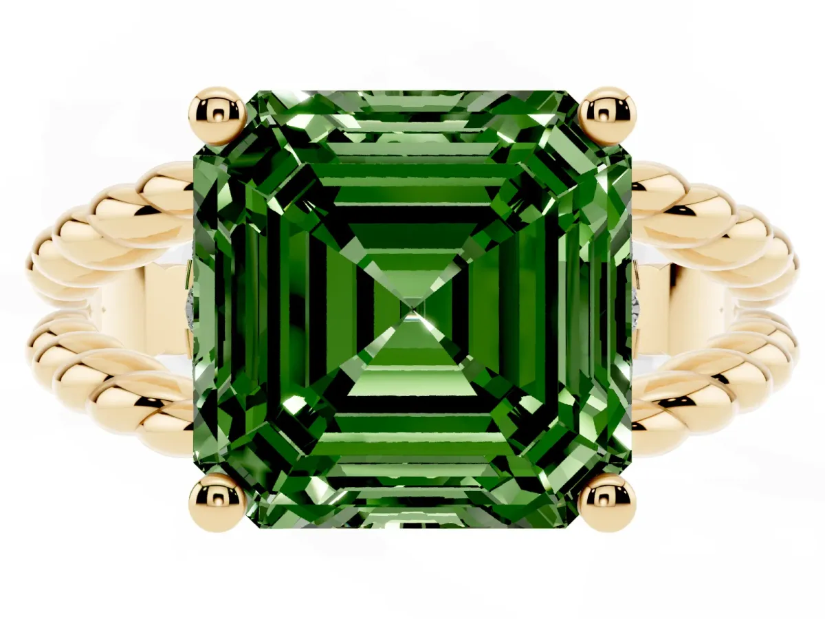 Fancy Green Asscher Cut Halo Twisted Band Four-Prong Ring Yellow gold