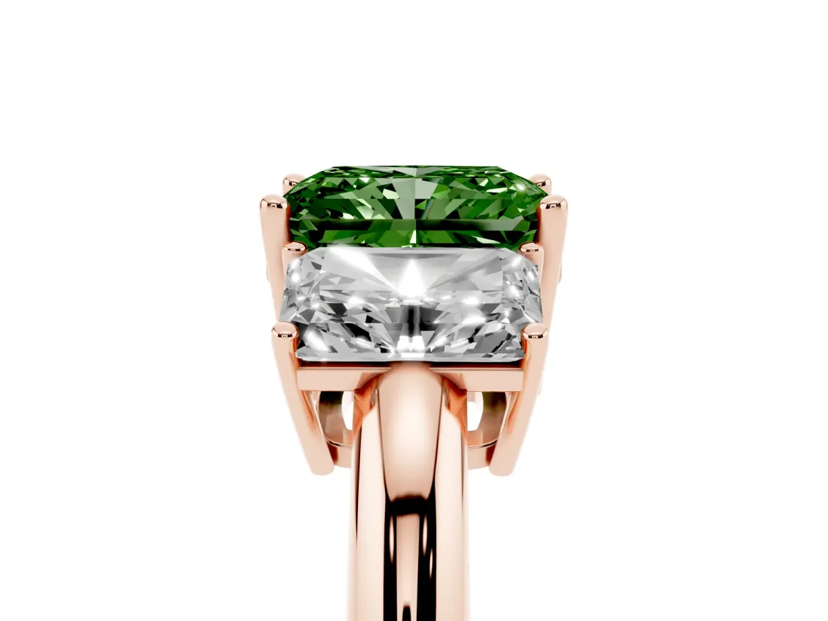 Fancy Green Three-Stone Radiant Cut Cut Diamond Engagement Ring with Prong Setting on a White Gold Band Rose gold