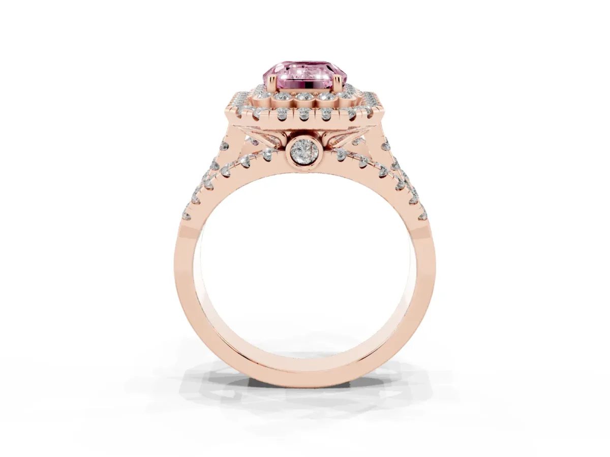 Fancy Pink Emerald Cut Diamond Double Halo Ring with Round Pavé Split Shank and Prong Setting Rose gold