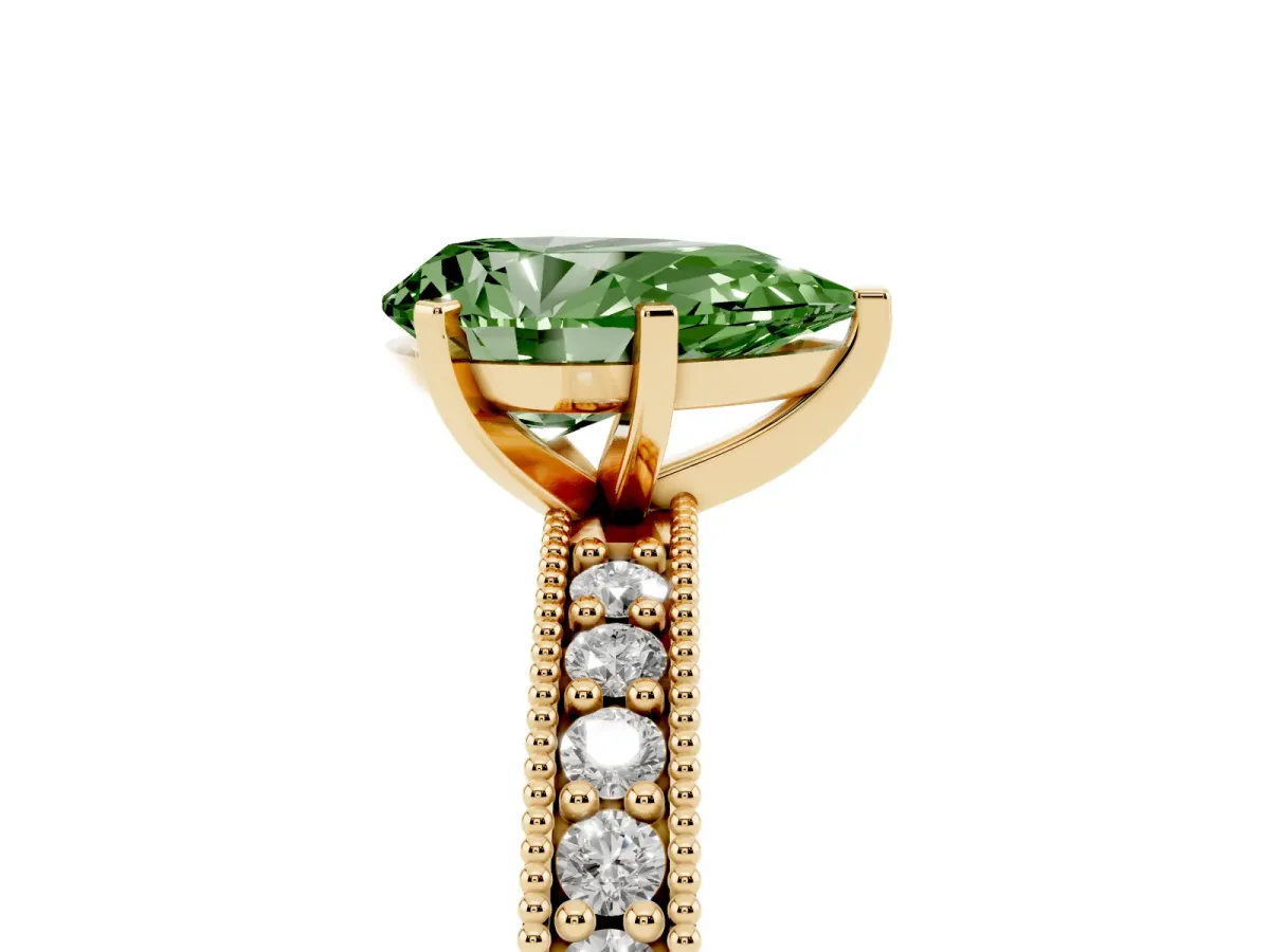 Fancy Green Pear Cut Diamond Milgrain Pavé Engagement Ring with Four-Prong Setting Yellow gold