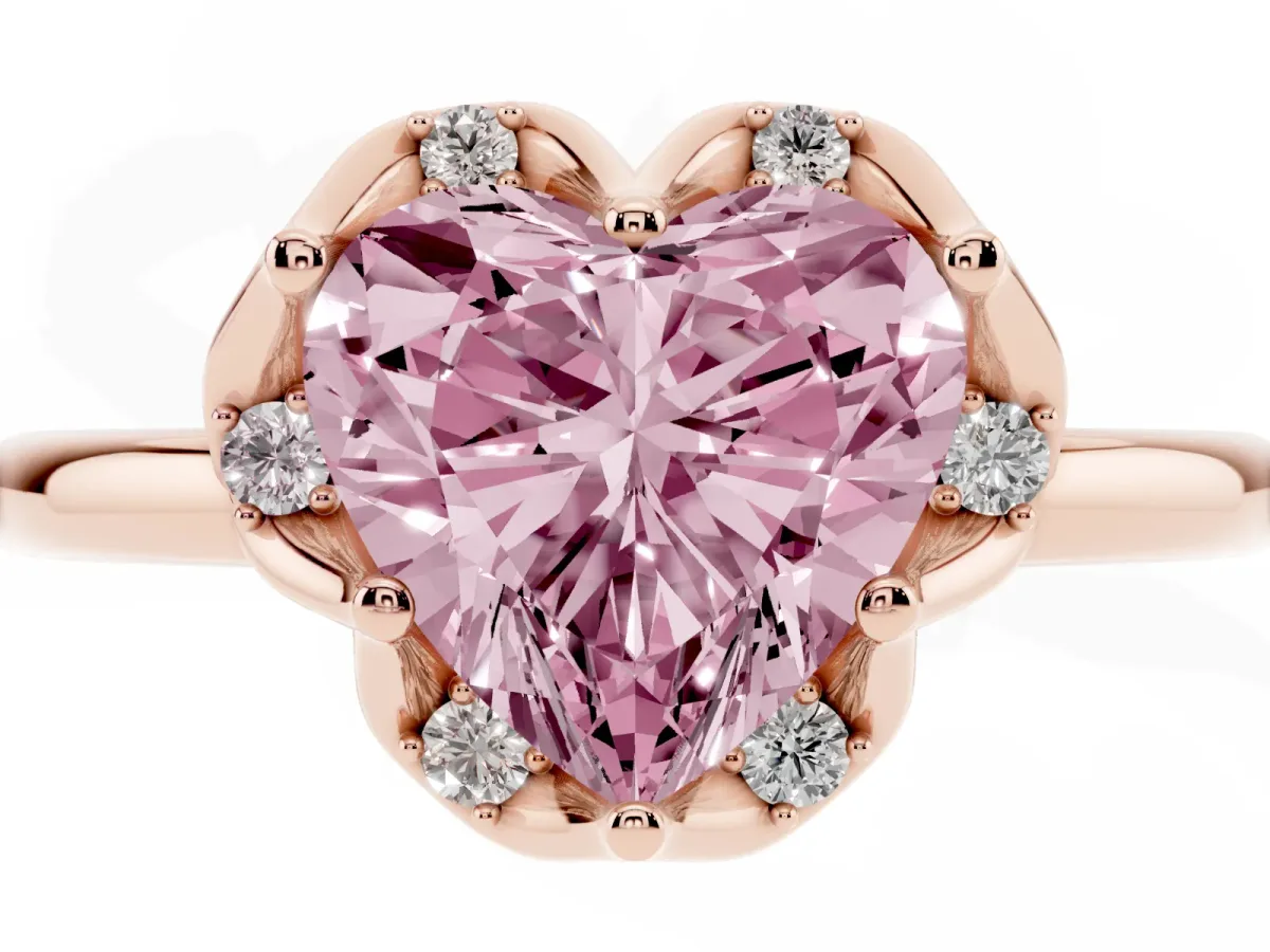 Fancy Pink Heart Cut Halo Diamond Ring with Round Cluster Setting, Solitaire Band, and Four-Prong Setting Rose gold