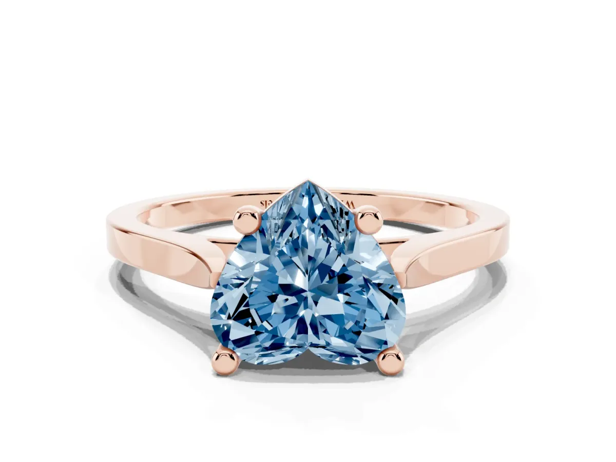 Fancy Blue Heart Cut Solitaire Diamond Ring with Four-Prong Setting and Tapered Band Rose gold