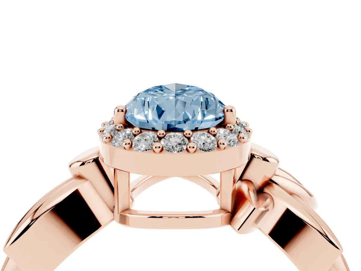Fancy Blue Pear Cut Halo Diamond Floral Band with Four-Prong Setting Rose gold