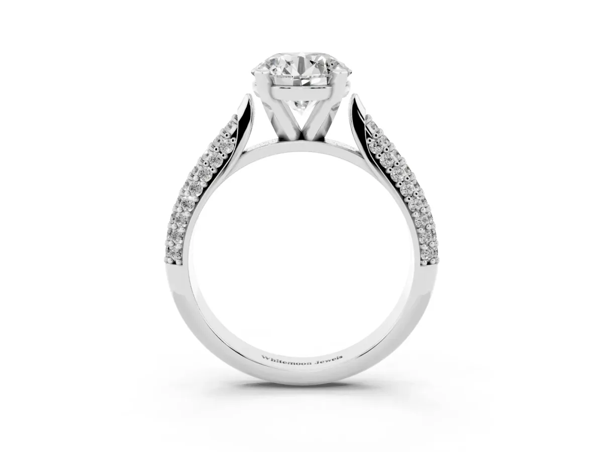 Round Cut Diamond Solitaire Engagement Ring with Multi-Row Round Pavé Band and Prong Setting Silver