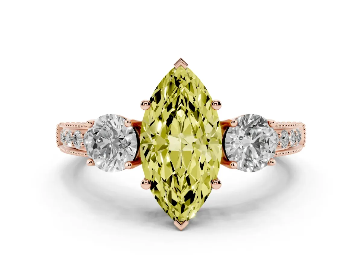 Fancy Yellow Marquise Cut Three-Stone Diamond Ring with Pavé Band and Four-Prong Setting Rose gold