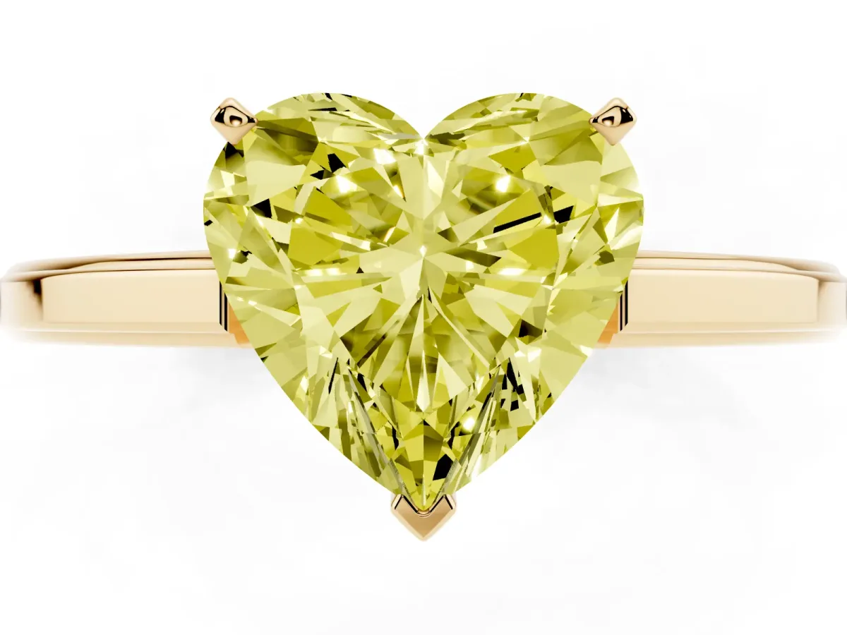 Fancy Yellow Heart Cut Solitaire Diamond Ring with Four-Prong Setting and Classic Band Yellow gold