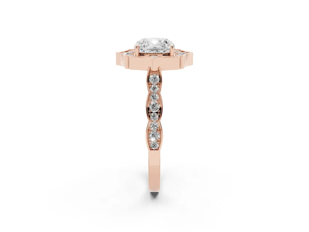 Cushion Cut Halo Diamond Engagement Ring with Milgrain Band and Four-Prong Setting Rose gold