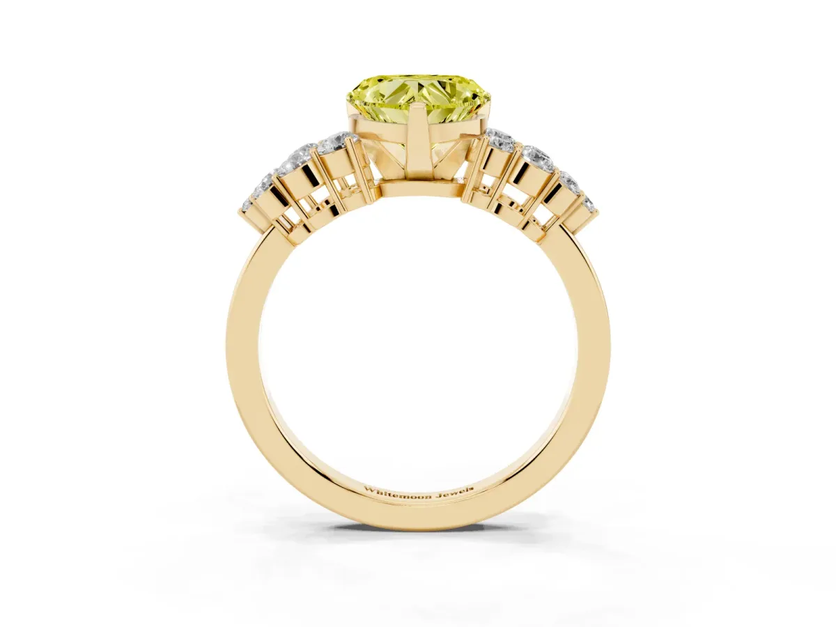 Fancy Yellow Heart Cut Cluster Diamond Engagement Ring with Pavé Band and Four-Prong Setting Yellow gold