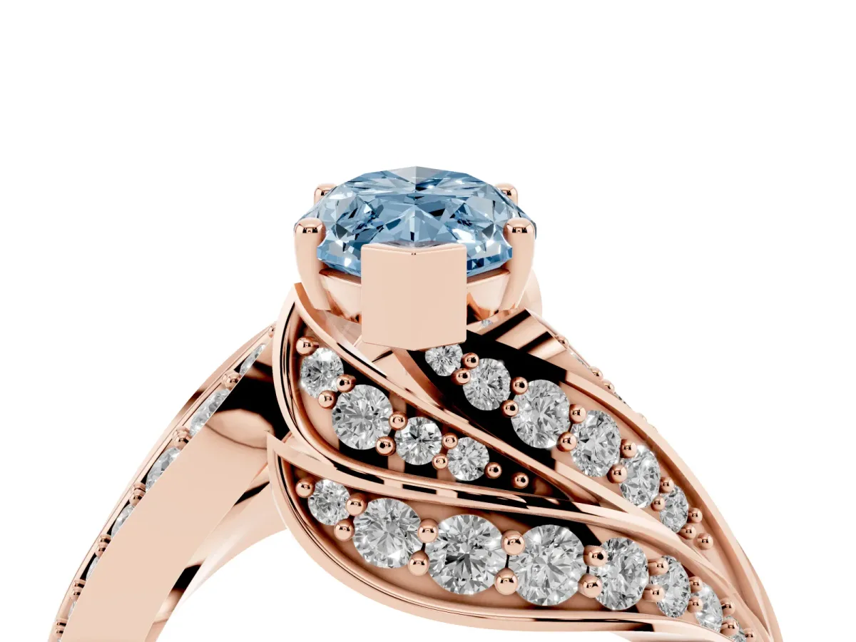 Fancy Blue Marquise Cut Diamond Solitaire Ring with Prong Setting and Twisted Pavé Band Rose gold