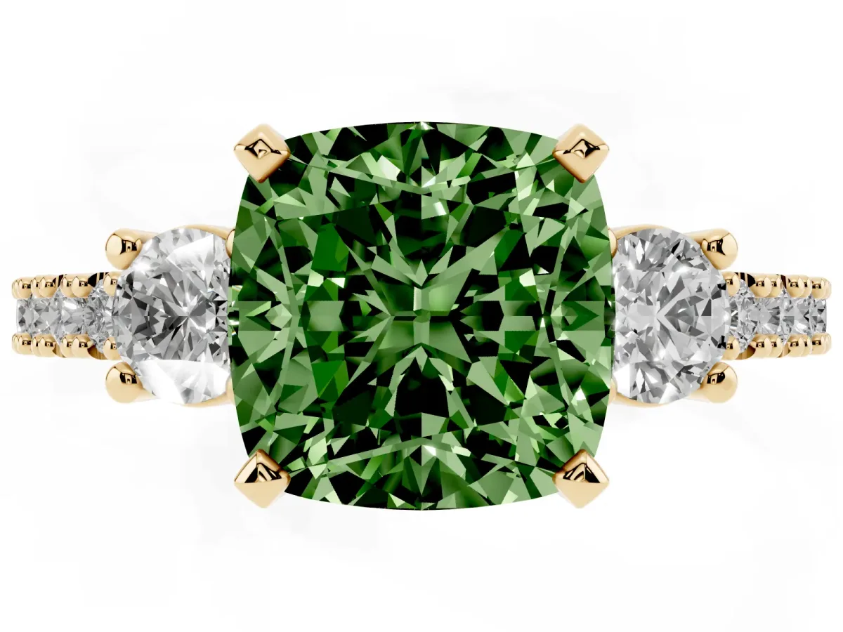 Fancy Green Cushion Cut Three-Stone Diamond Pavé Band with Prong Setting Yellow gold