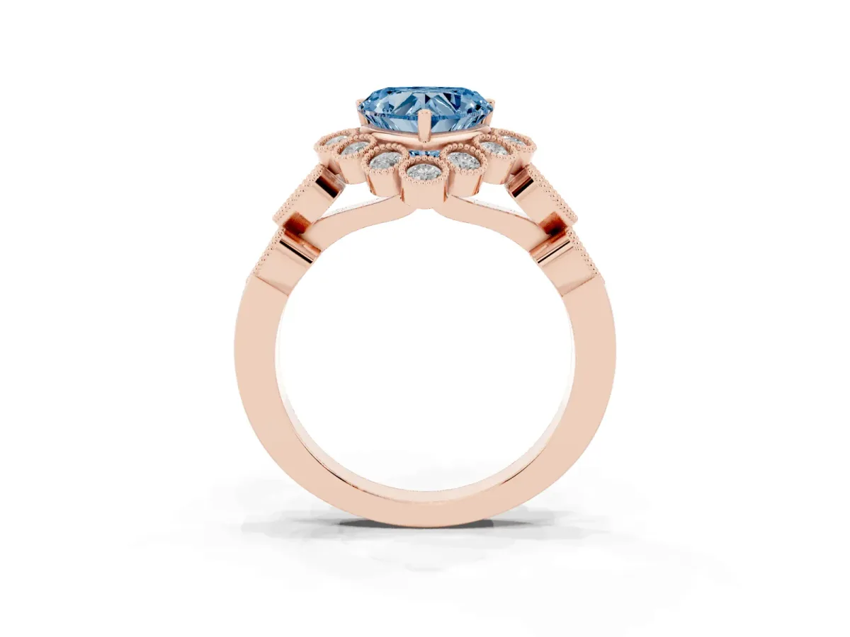 Fancy Blue Heart Cut Brilliant Milgrain Pave Heart Band Solitaire Ring Rose gold