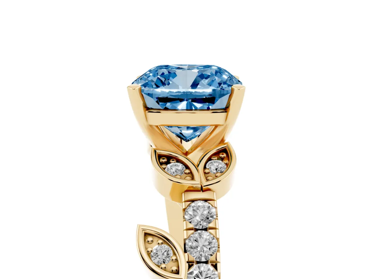 Fancy Blue Cushion Cut Solitaire Leaf-Inspired Diamond Ring with Pavé Band and Four-Prong Setting Yellow gold
