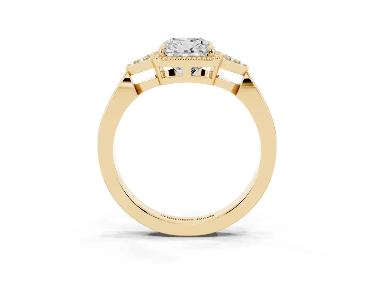 Cushion Cut Diamond Halo Ring with Tapered Band and Four-Prong Setting Yellow gold
