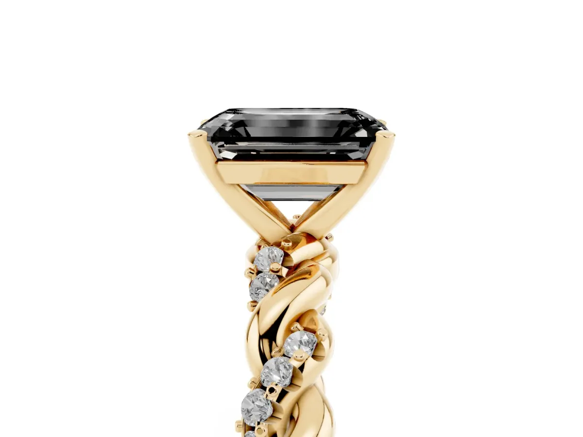 Fancy Black Emerald Cut Diamond Solitaire Ring with Twisted Band and Pavé Accents Yellow gold