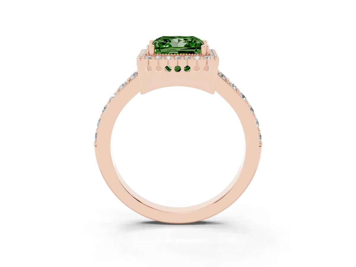 Fancy Green Princess Cut Cut Diamond Halo Engagement Ring with Milgrain Detail and Pavé Band Rose gold