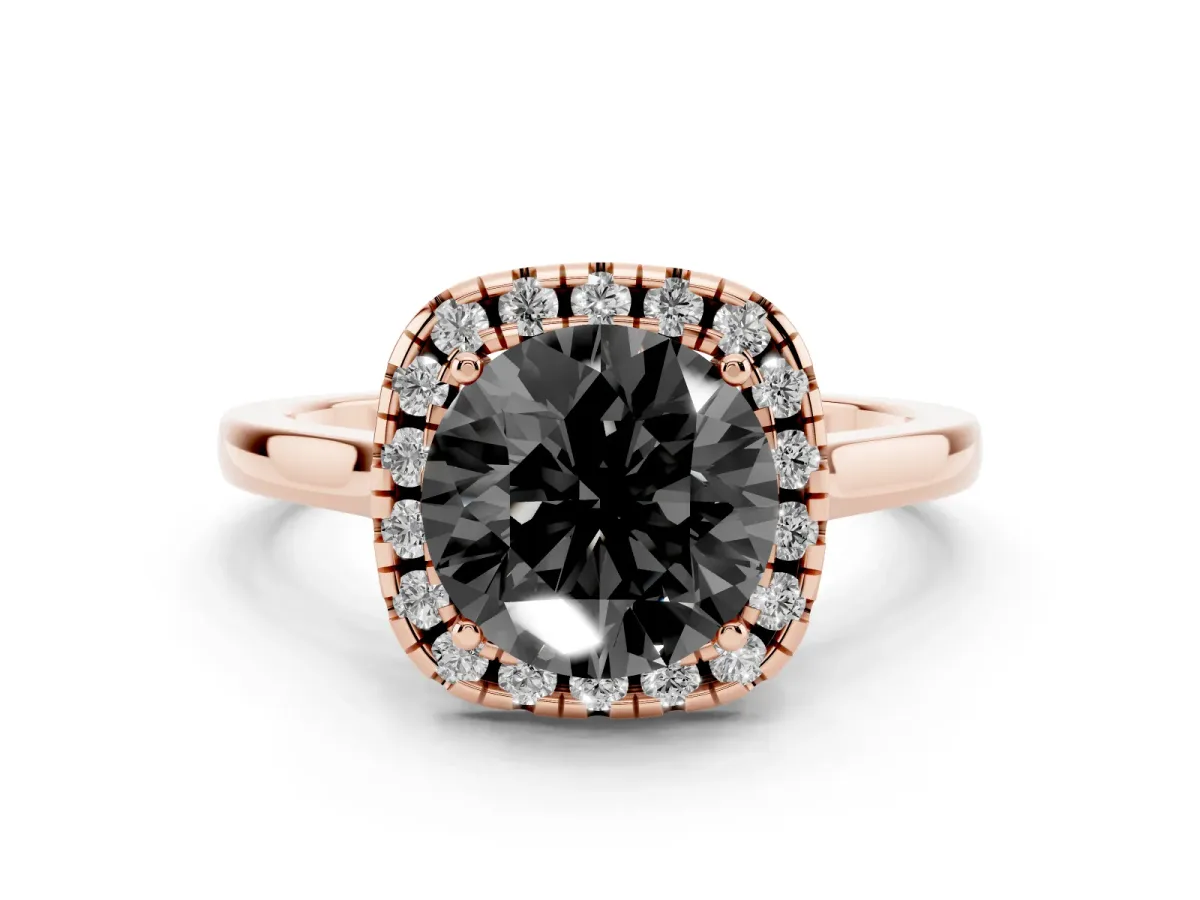 Fancy Black Round Cut Halo Round Diamond Solitaire Ring with Pavé Band and Four-Prong Setting Rose gold