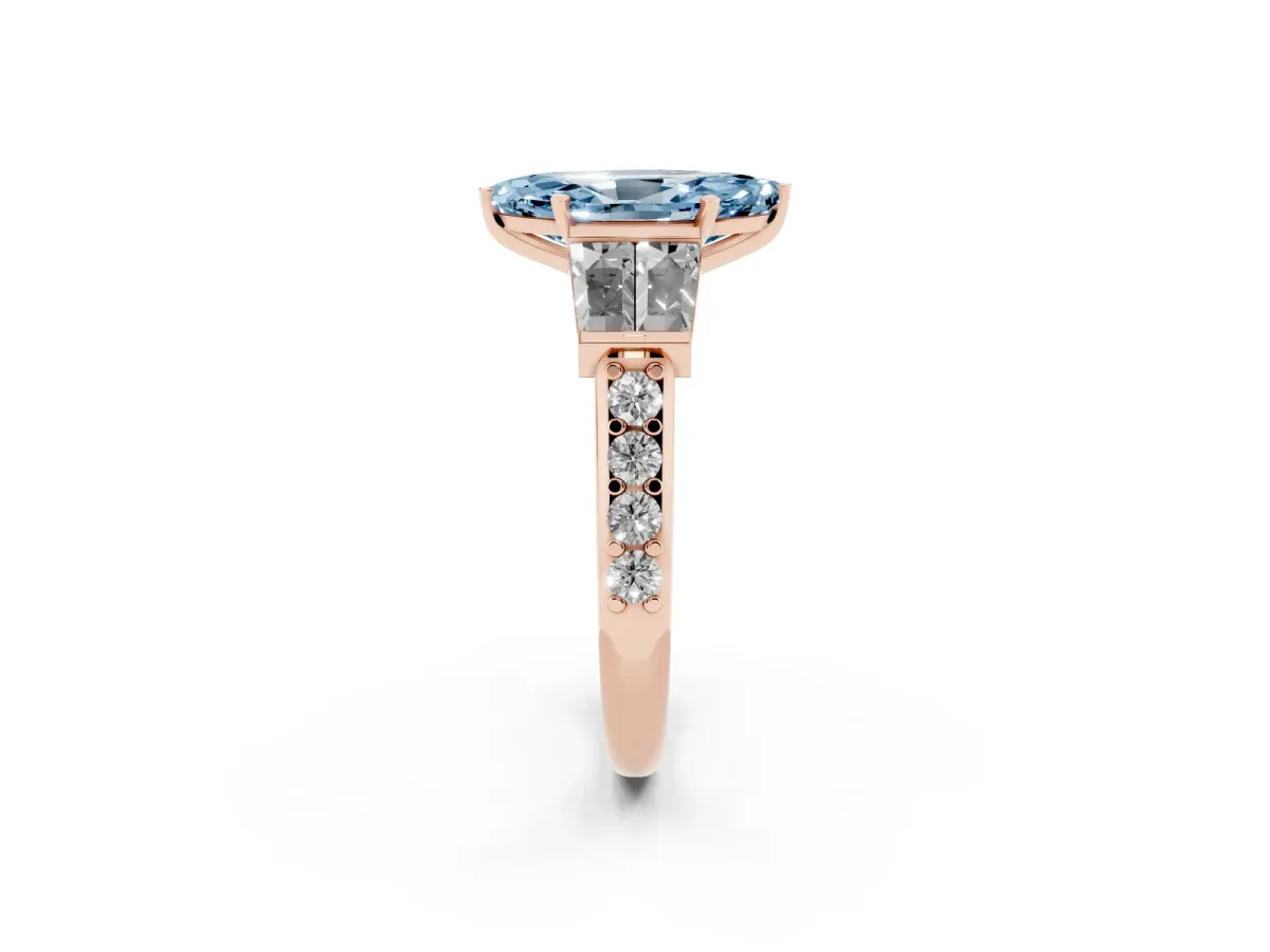 Fancy Blue Marquise Cut Diamond Engagement Ring with Baguette Side Stones and Channel Set Band Rose gold