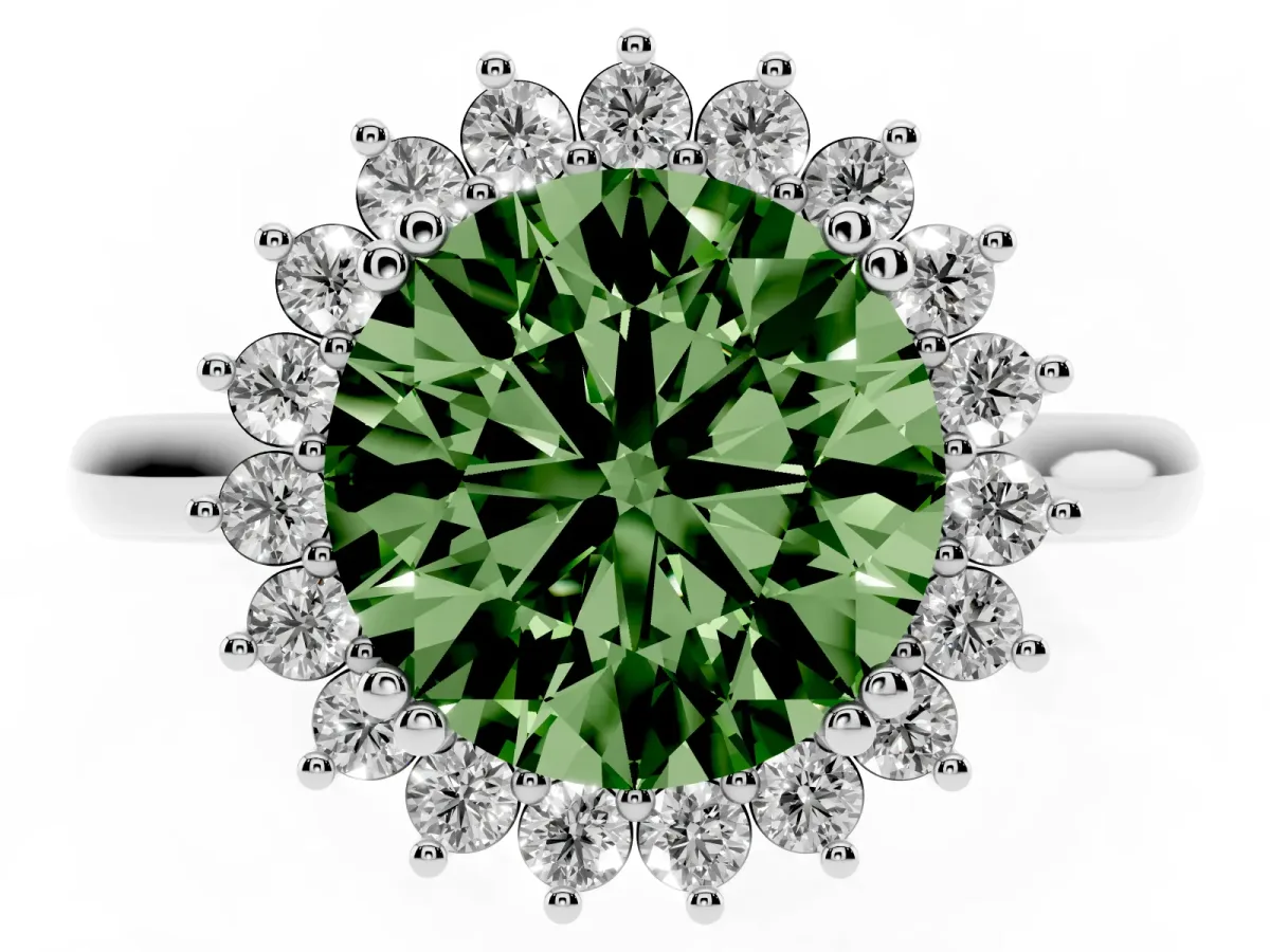 Fancy Green Round Cut Cut Diamond Halo Ring with Solitaire Band and Prong Setting Silver