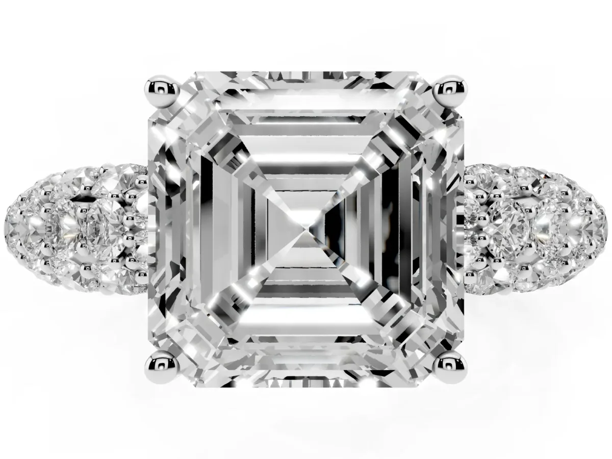 Asscher Cut Diamond Pavé Band Solitaire Ring with Four-Prong Setting Silver