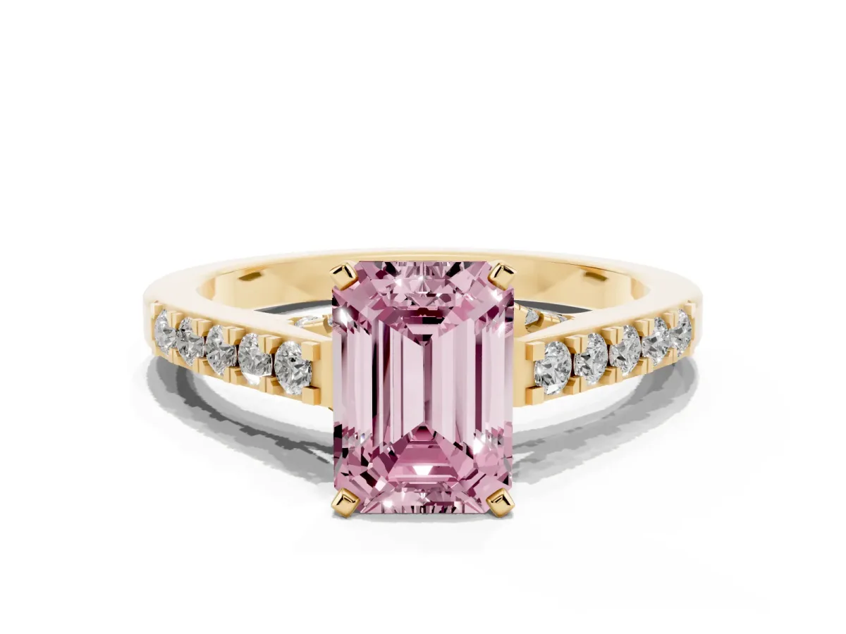 Fancy Pink Emerald Cut Diamond Solitaire Ring with Crossover Gallery and Round Pavé Band Yellow gold