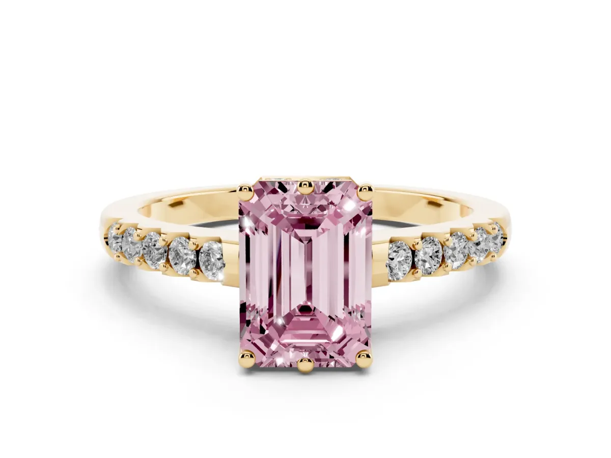Fancy Pink Emerald Cut Solitaire Diamond Engagement Ring with Pavé Band and Six-Prong Setting Yellow gold