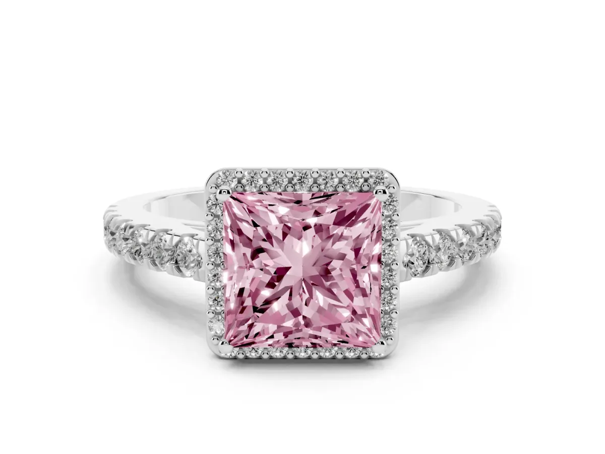 Fancy Pink Princess Cut Cut Halo Diamond Engagement Ring with Pave Band and Four-Prong Setting Platinum