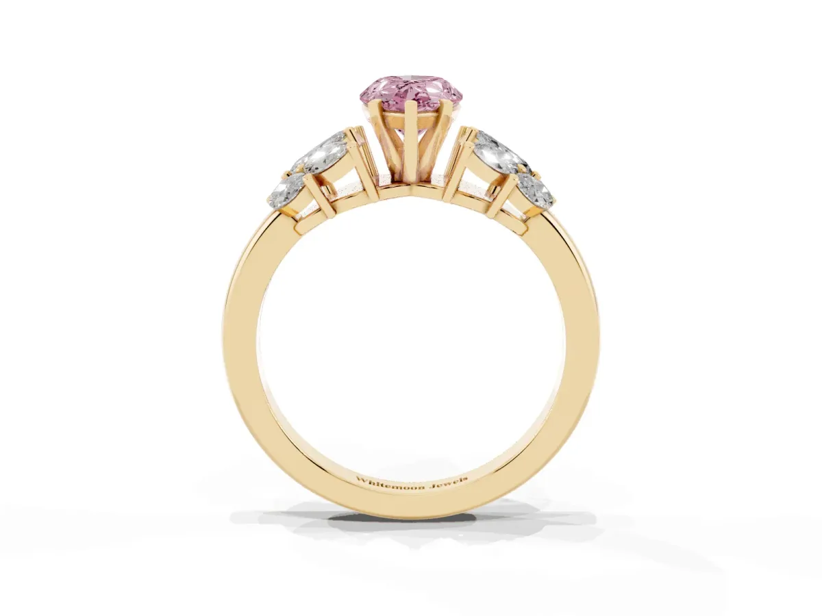 Fancy Pink Pear Cut Diamond Cluster Leaf Design Ring with Prong Setting Yellow gold