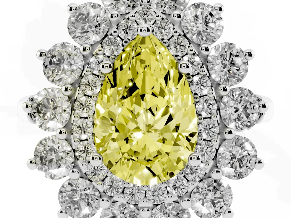 Fancy Yellow Pear Cut Diamond Floral Double Halo Engagement Ring with Prong Setting Silver