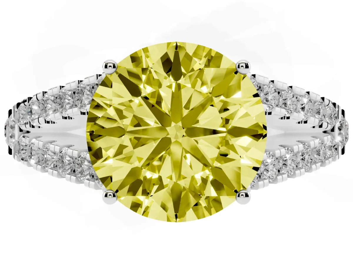 Fancy Yellow Round Cut Diamond Split Shank Engagement Ring with Round Pavé and Prong Setting Platinum