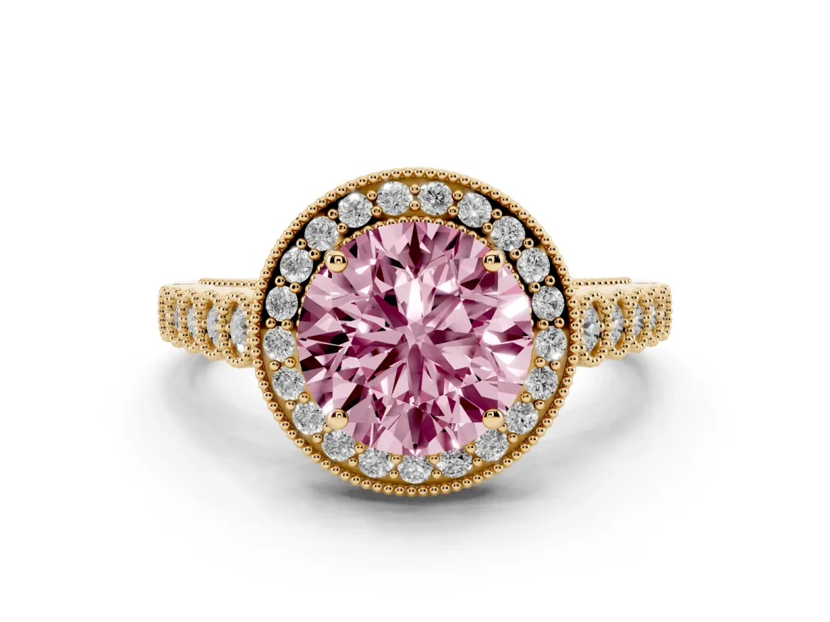 Fancy Pink Round Cut Halo Milgrain Solitaire with Bezel Set Side Stones and Pave Band Yellow gold