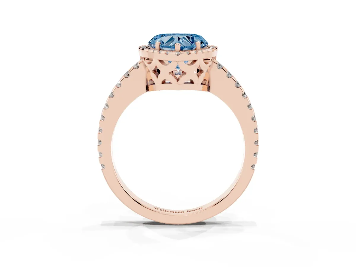 Fancy Blue Heart Cut Diamond Halo Engagement Ring with Pavé Band and Prong Setting Rose gold