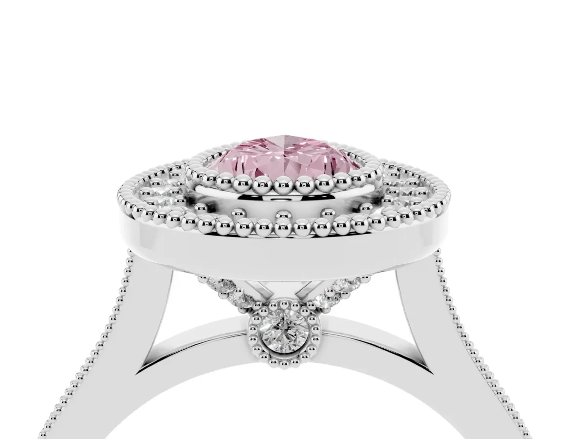Fancy Pink Pear Cut Diamond Halo Ring with Milgrain Frame and Pavé Band Platinum