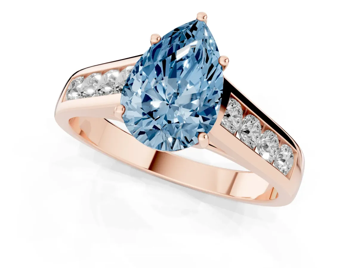 Fancy Blue Pear Cut Solitaire Channel-Set Diamond Engagement Ring with Four-Prong Setting Rose gold