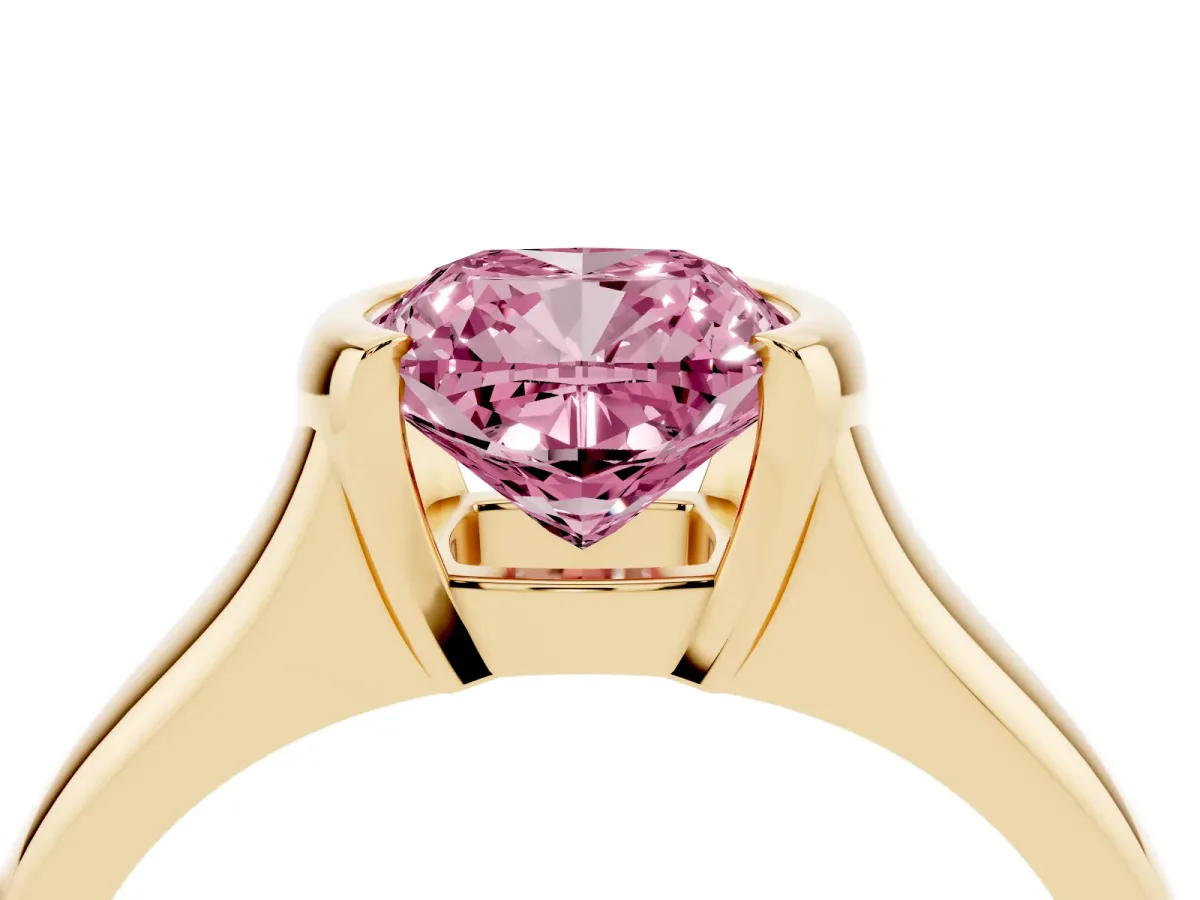 Fancy Pink Cushion Cut Solitaire Tension Set Diamond Ring with Split Shank Band Yellow gold