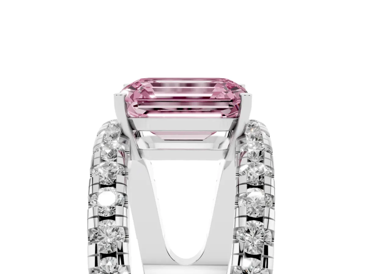 Fancy Pink Emerald Cut Solitaire Split Shank Pave Diamond Ring Silver