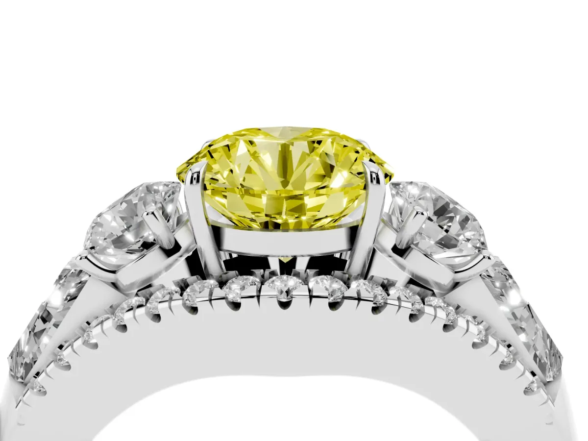 Fancy Yellow Three-Stone Round Cut Diamond Engagement Ring with Pave Band and Prong Setting Silver