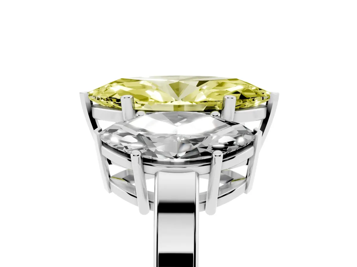 Fancy Yellow Three-Stone Marquise Cut Cut Diamond Engagement Ring with Flat Band and Four-Prong Setting Silver