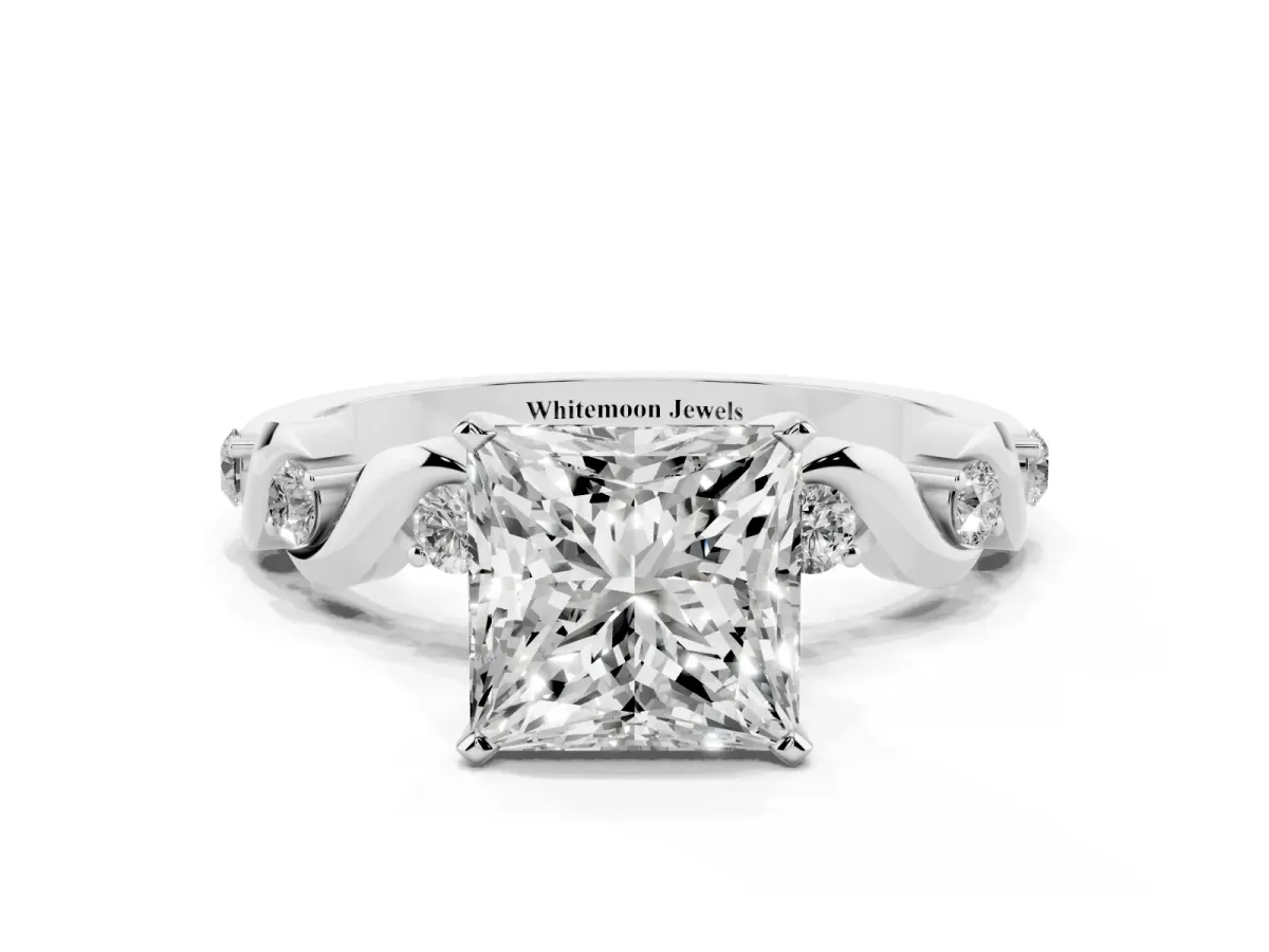 Princess Cut Diamond Solitaire Twisted Band with Round Accents and Prong Setting White gold